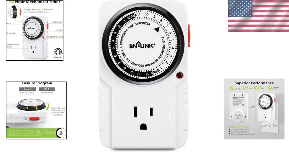 Grounded 24-Hour Plug-In Timer for Efficient Lighting & Appliance Automation
