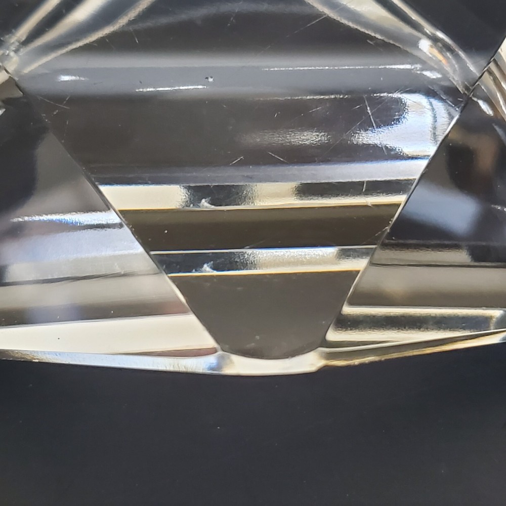 clear glass triangular cigarette ashtray 6" wide 1.5" tall few tiny chips