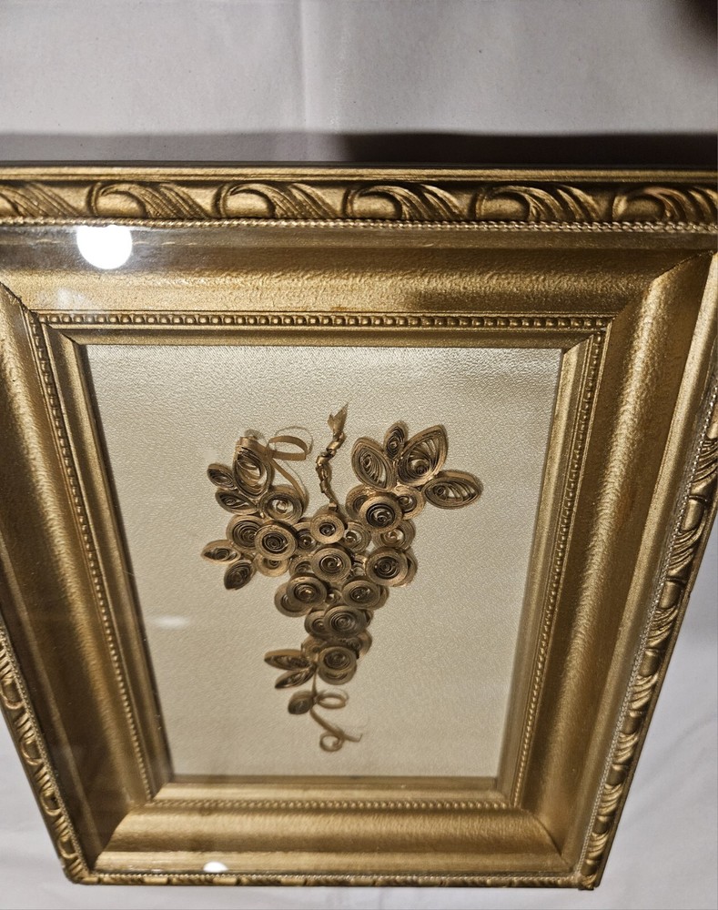 Framed Brass Quilling Rolls Grapevine Design Shadowbox Art Deco Wine Decor