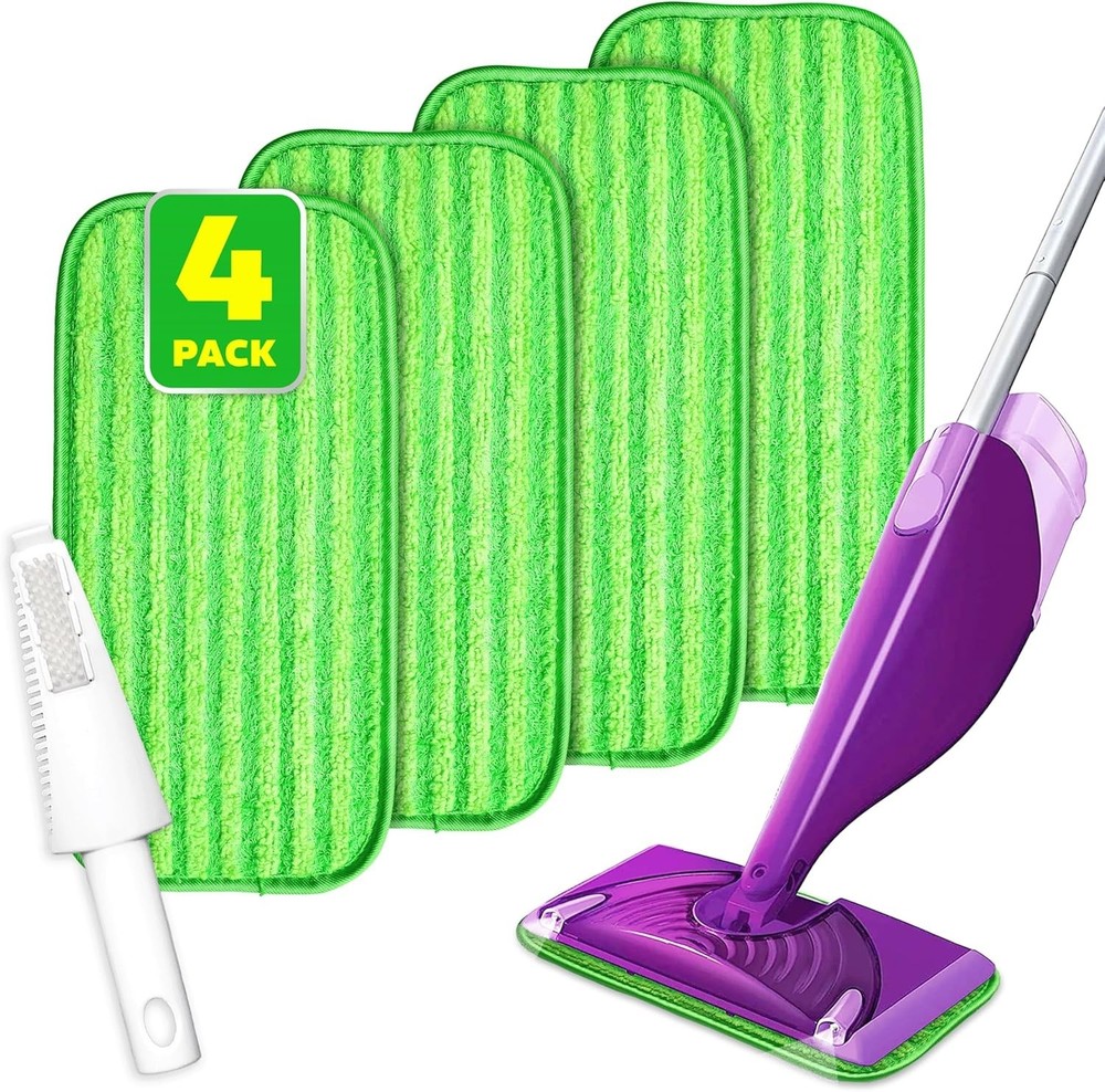 4 Pack Reusable Microfiber Mop Pads for WetJet & Flat Mops Green