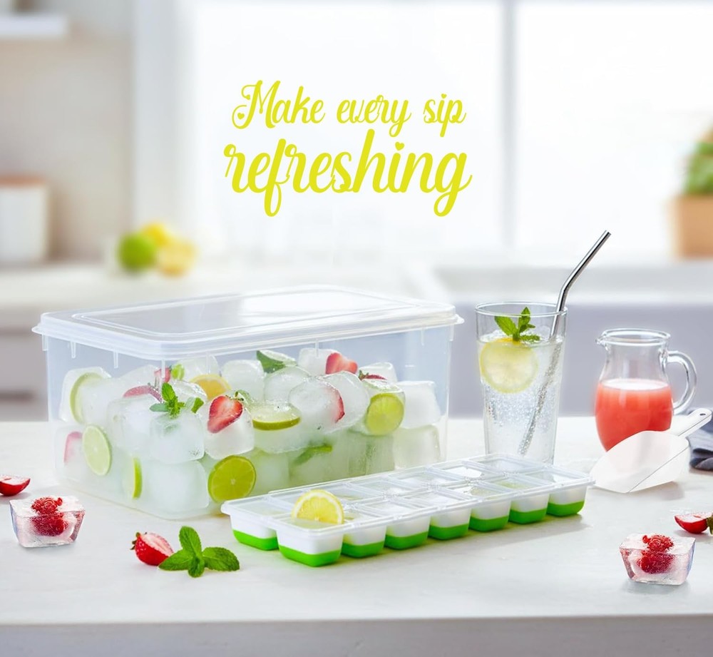56pcs Ice Cube Tray with Lid and Bin – Stackable 4 Trays Silicone Plastic Fre...