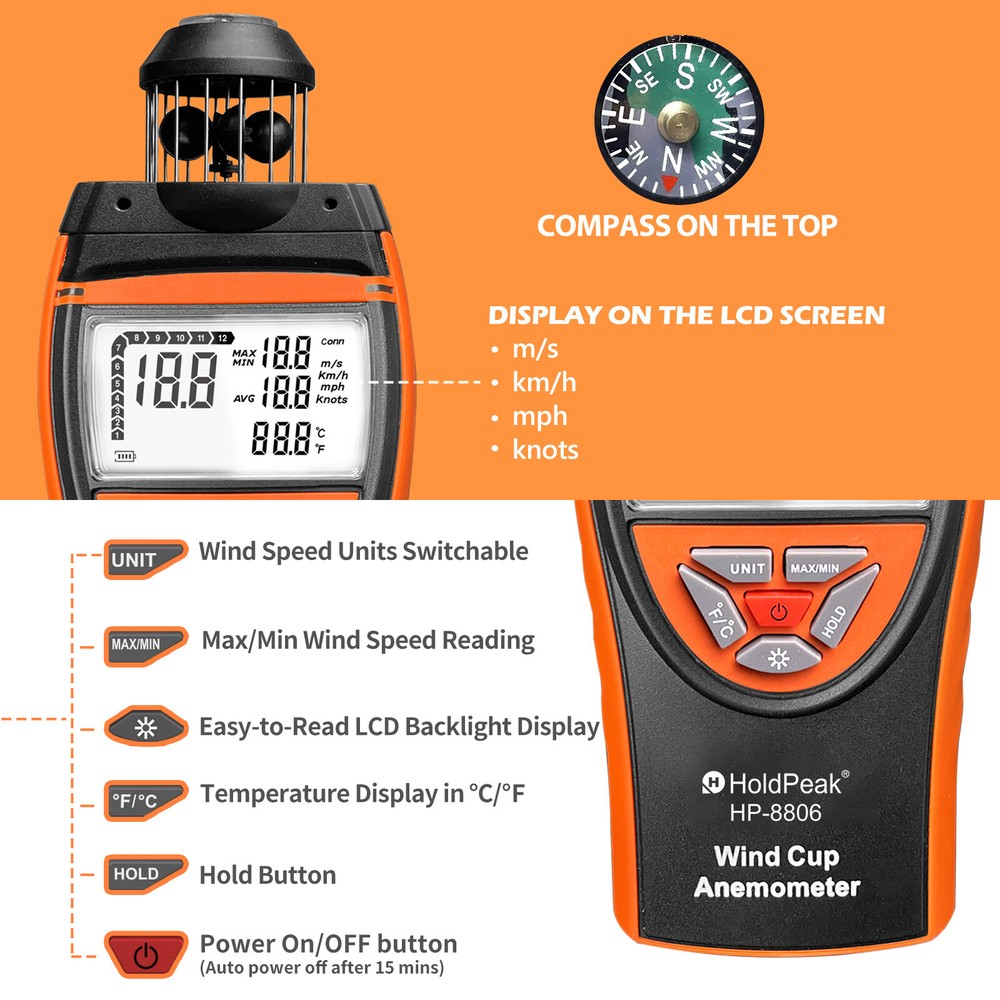 Digital Wind Gauge Cup Anemometer 42m/s Wind Speed Meter with Compass Data Hold