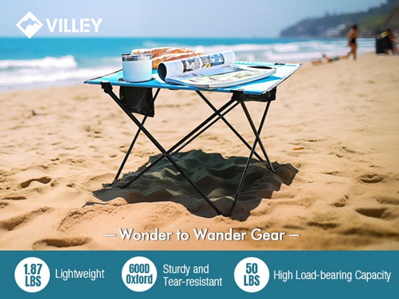 VILLEY Folding Camping Table, Portable Camping Table w/2 Cup Holders & Carry Bag