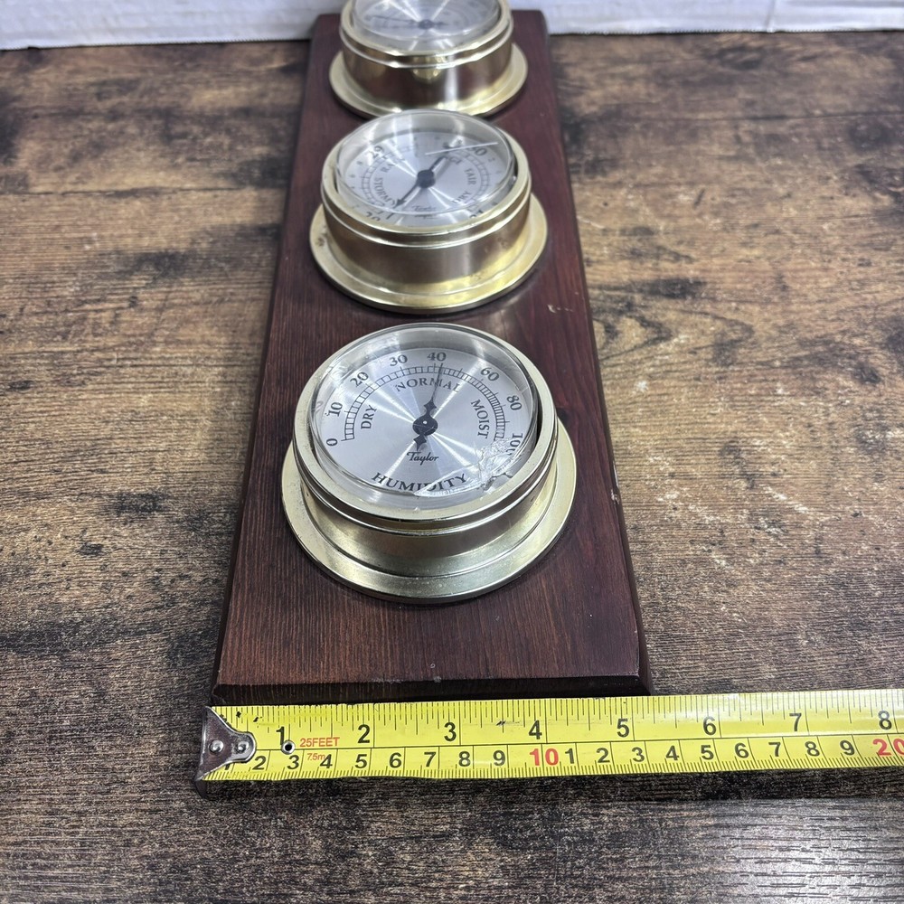 Vintage Taylor Thermometer Hygrometer Weather Station Combo On Solid Oak Panel