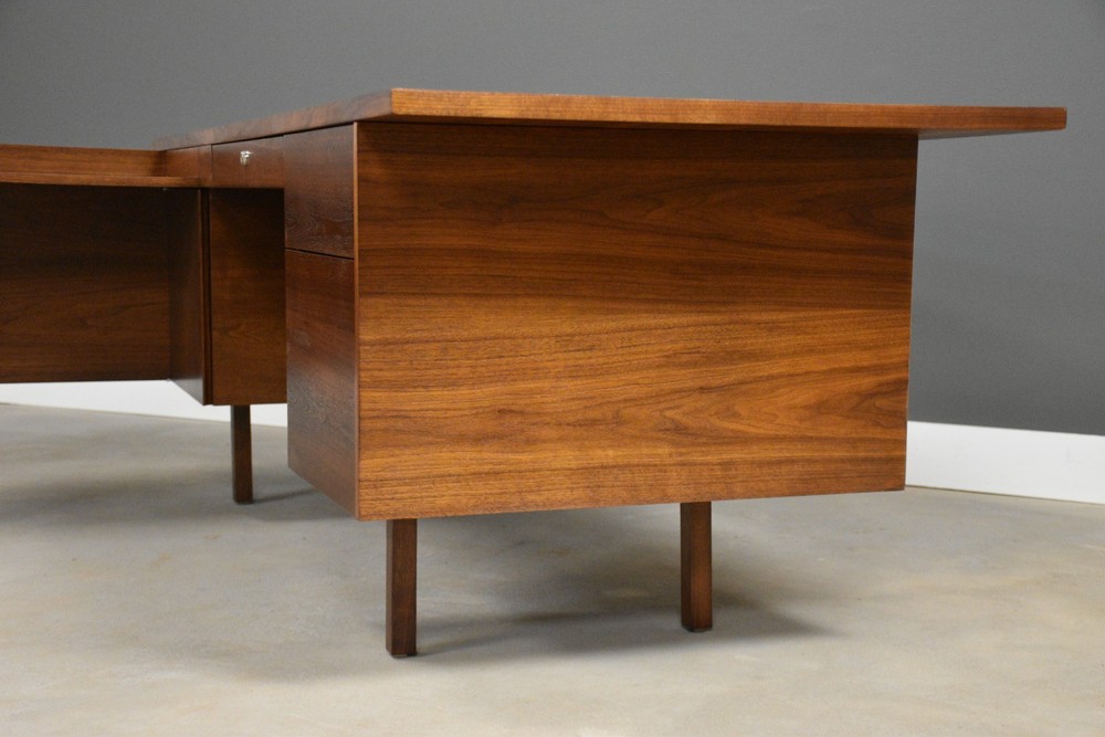 Refinished L Shaped Walnut Mid Century Desk