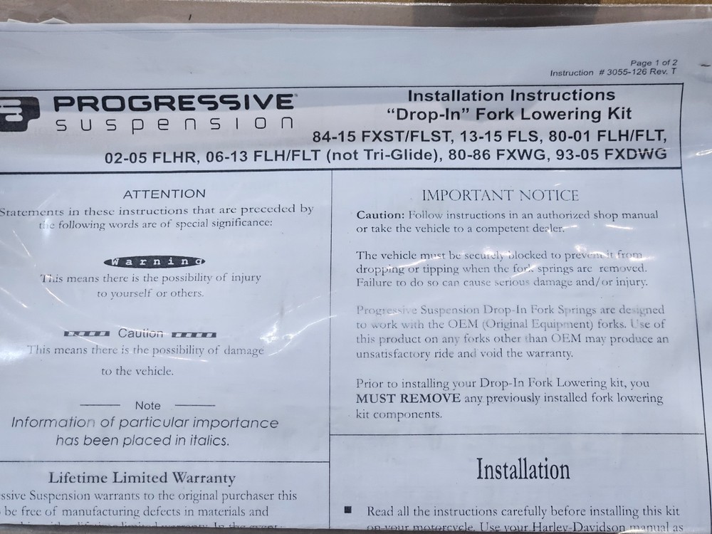 PROGRESSIVE SUSPENSION 10-2003 Drop-In Front Fork 2" Lowering System