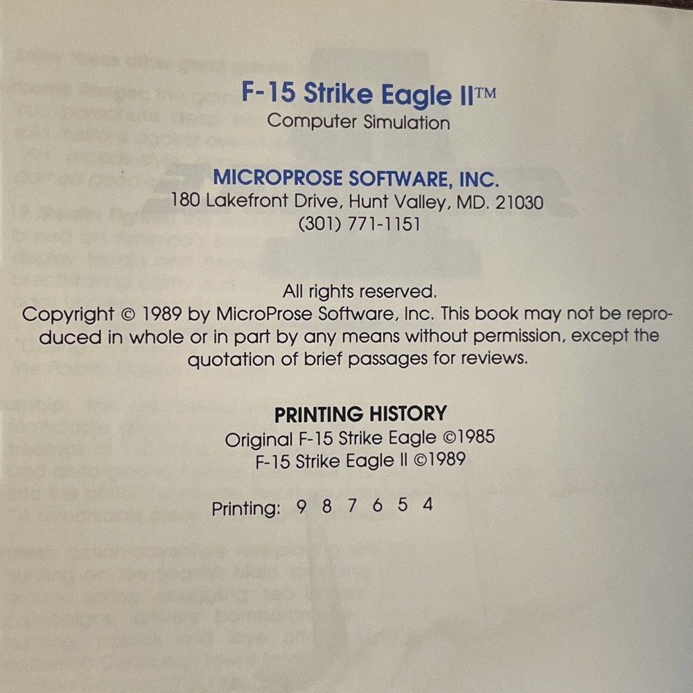 Vintage MicroProse Software F-15 Strike Eagle II 1989 Manual Book