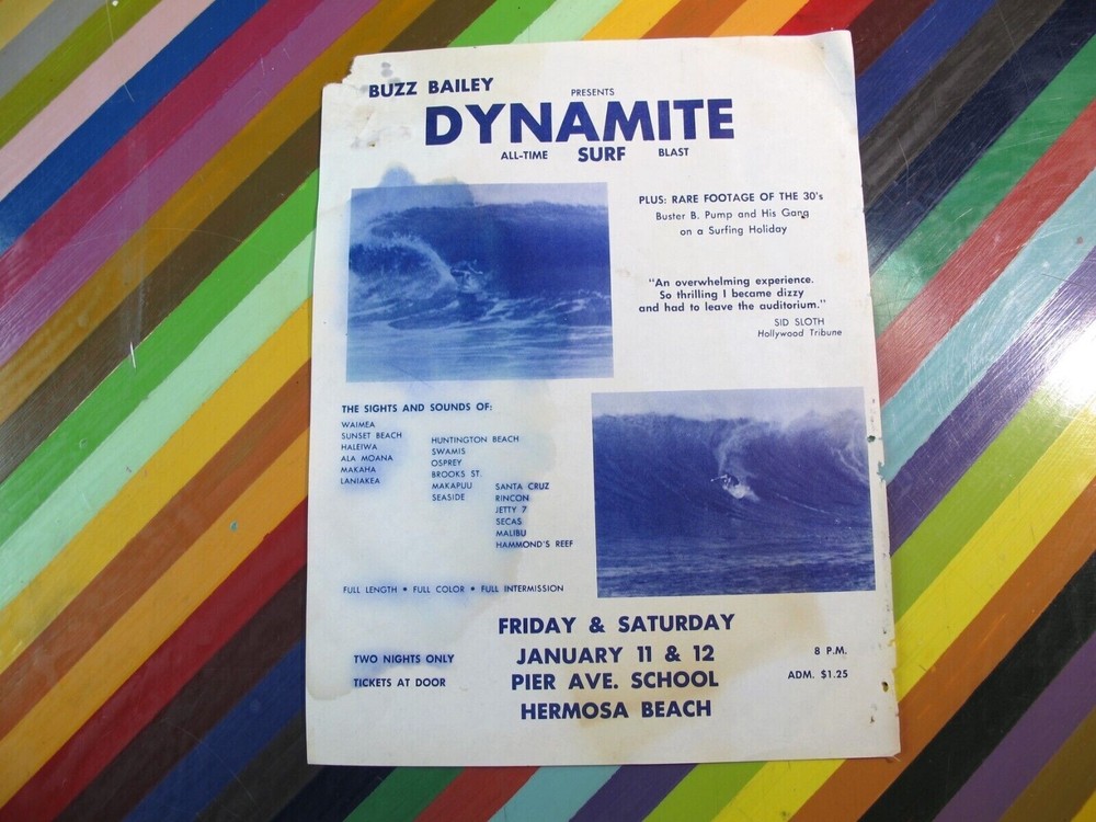 vtg 1960s Surfing ephemera Dynamite All Time Surf Blast flyer Buzz Bailey