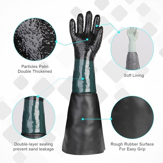 23.6"Sandblasting Gloves Double Layer Protective PU Rubber for Sandblast Cabinet