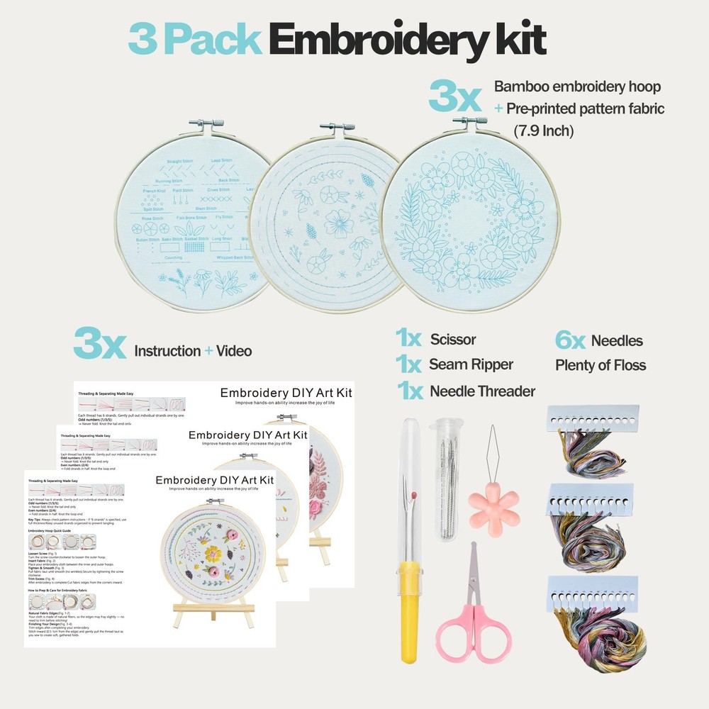 Embroidery Kit,3 Pack 22 Different Stitches, 22 Stitches
