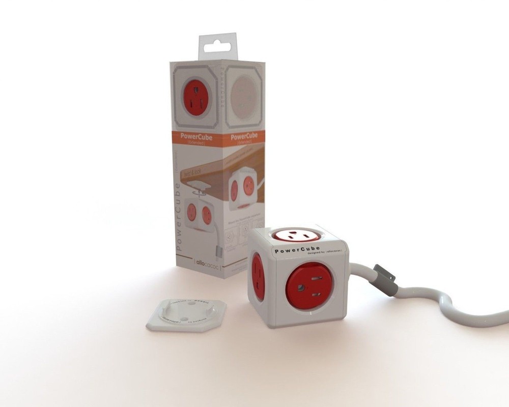 (2 Pack) PowerCube Extended - 5 Outlet Power Adapter w/ 5ft Extension cord - Red