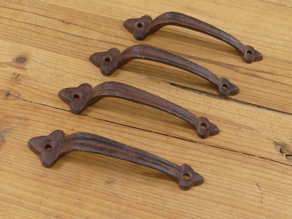 4 CAST IRON HANDLES RUSTIC DRAWER PULLS 6" LONG HANDLE GRASP DOOR GATE FARM