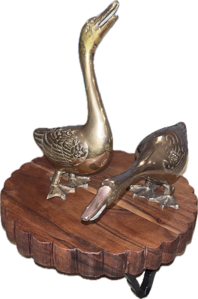 Pair of Solid Brass Geese Figurines 9" Tall Webbed Feet Base Mid Century Modern