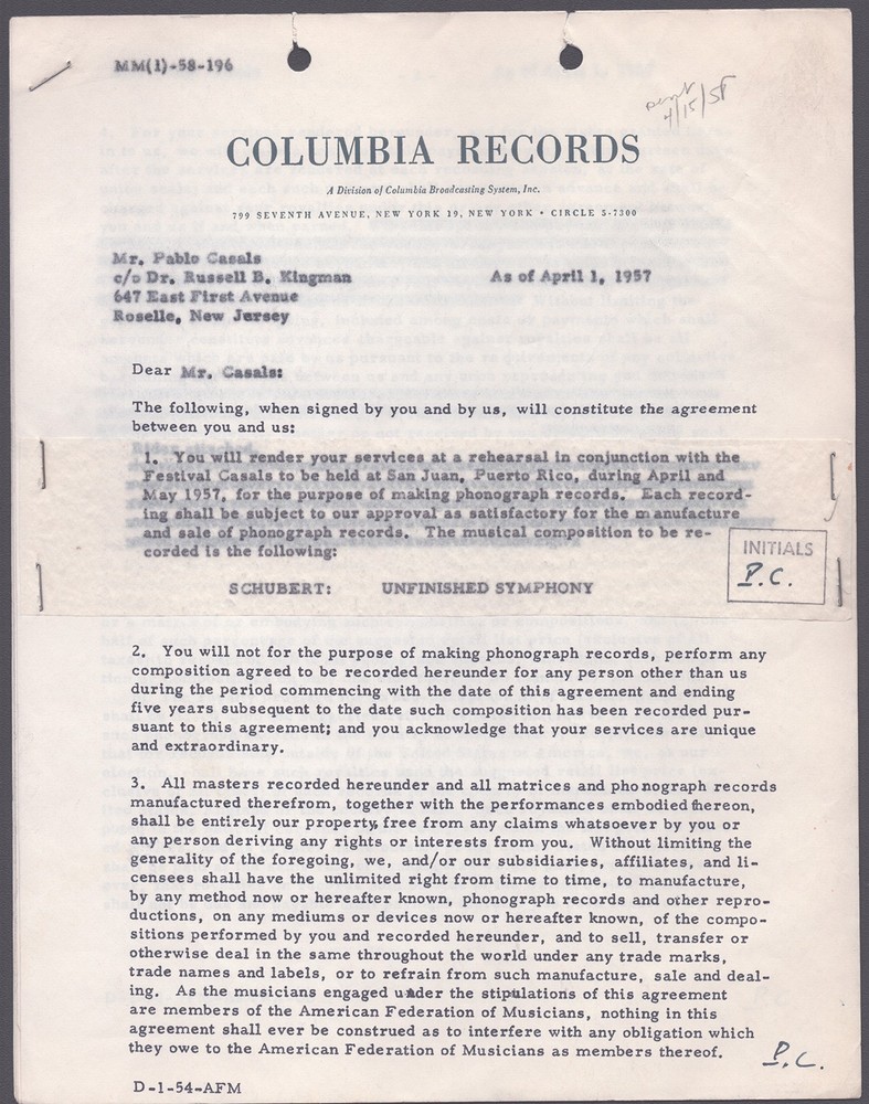 PABLO CASALS - CONTRACT MULTI-SIGNED 04/01/1957