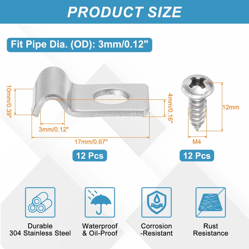 12Pcs 3mm(1/8") One Hole Rigid Pipe Strap with Screws, Silver