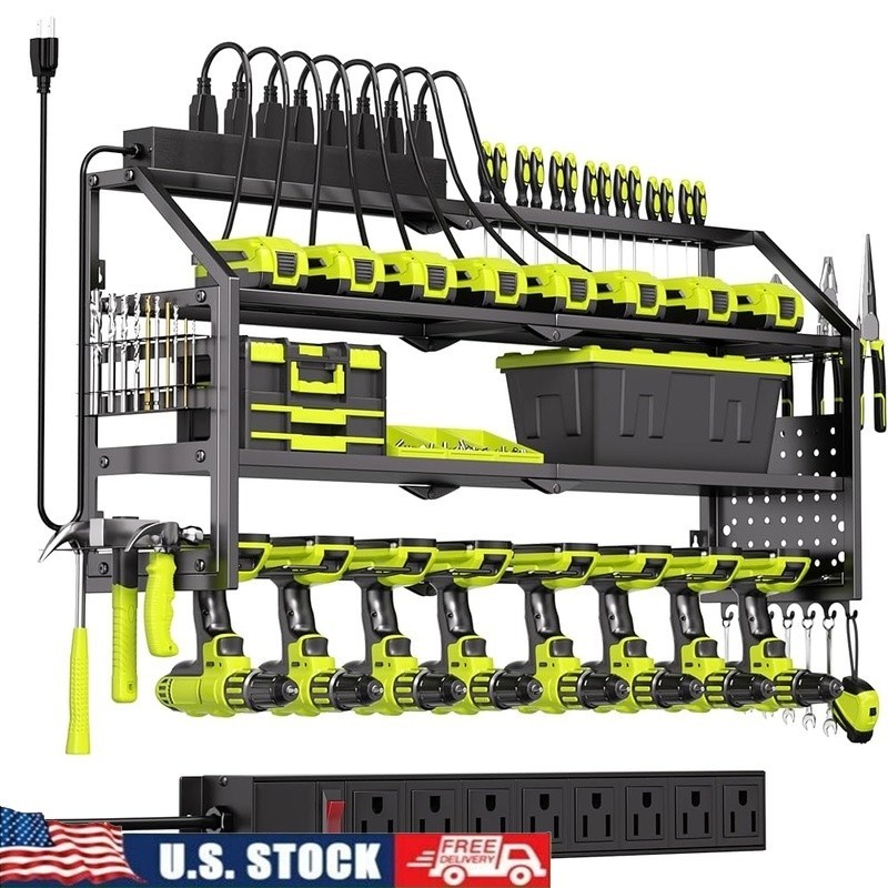 Heavy Duty Power Tool Wall Mount Rack W/Charging Station Drill Storage Organizer