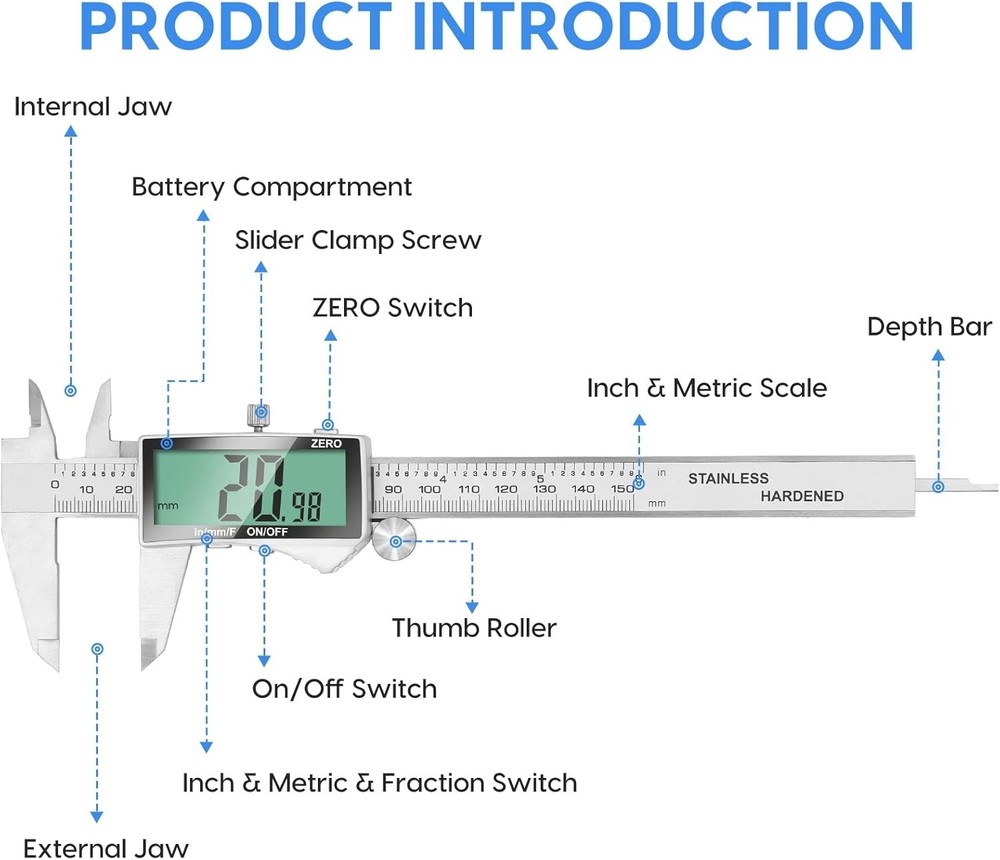 Digital 6 Inch Caliper with Extra Screen in Silver