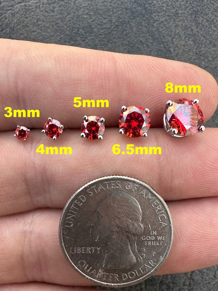 Real Ruby Red Moissanite Screwback Stud Earrings 925 Silver 3-8mm Iced Pass Test