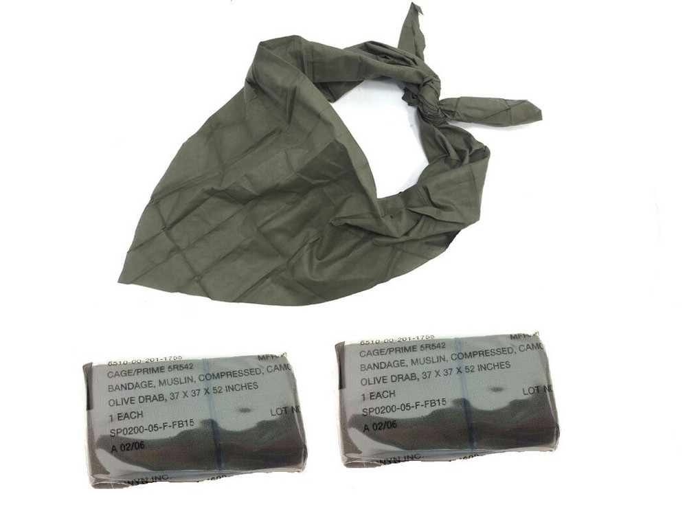2 Muslin Compressed Triangular Bandages, Military First Aid (2 Bandages)