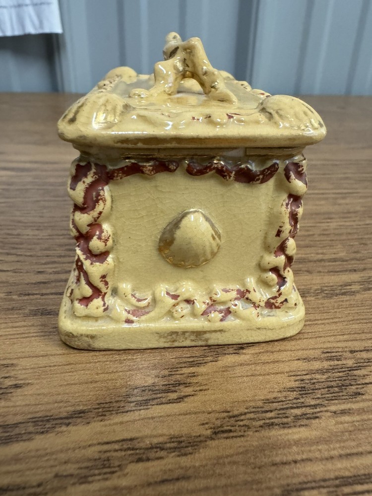 ANTIQUE YELLOW WARE MATCH SAFE W/ STRIKER STAMPED ON BOTTOM