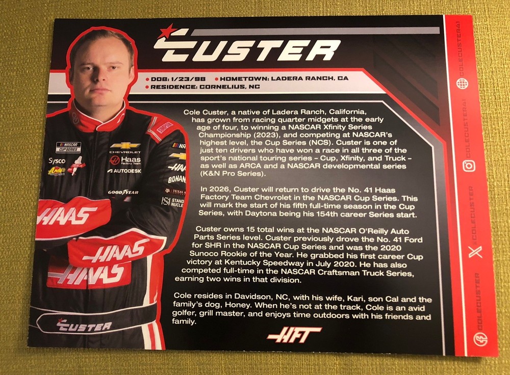 Nascar Driver #41 Cole Custer HaasTooling.com 2026 Postcard