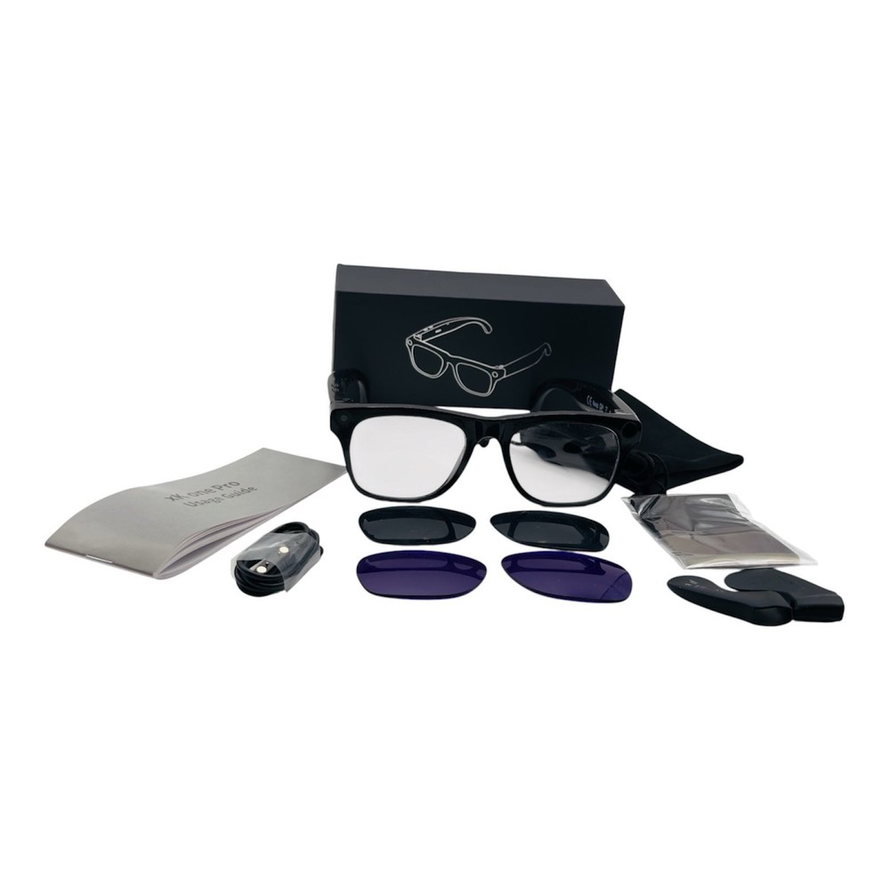 Black Smart Glasses with Interchangeable Lenses and USB Charging