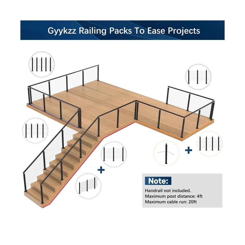36" One-Stop Cable Railing Post Kit, 5Pack Level Drilled Line Post, Adjustabl...