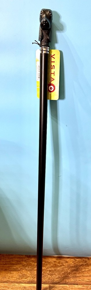 MODERN BLACK DOG HEAD HANDLE FLAT Bk NYLON W/SIL. PLATE ACCENT WALKING STICK 36"