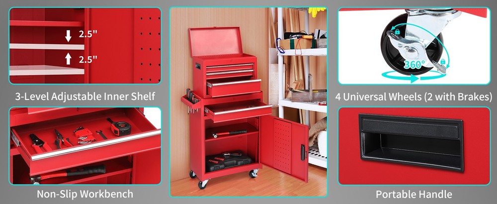Rolling Tool Chest Tool Organizer Box with Lockable Wheels & Detachable Top NEW