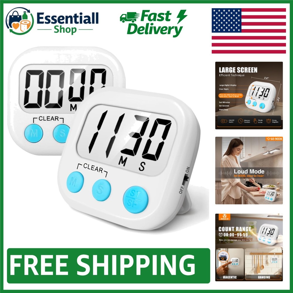 Large Display Kitchen Timer Set - 2 Pack with Loud Alarm and Memory Feature
