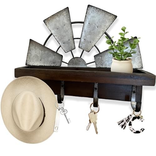 Rustic Windmill Key Holder Wall Mount - Decorative Mail Rack with Shelf & 4 Hook