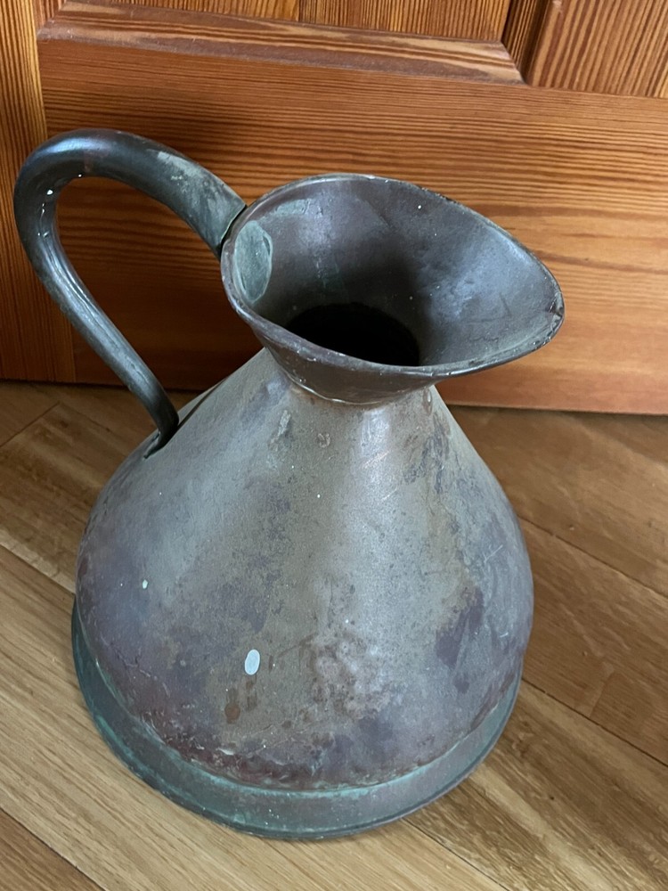 Antique Large Solid Copper Metal Primitive Pitcher w Numbers indicating size –