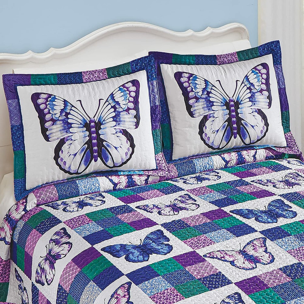 Blue & Lavender Butterfly Print Patchwork Pillow Sham