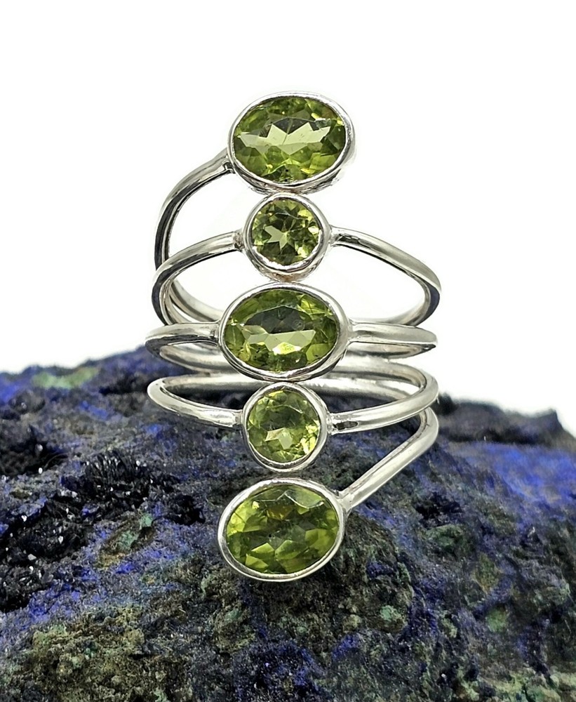 Five Stone Peridot Ring, Size 8.5, Sterling Silver, August Birthstone, Statement