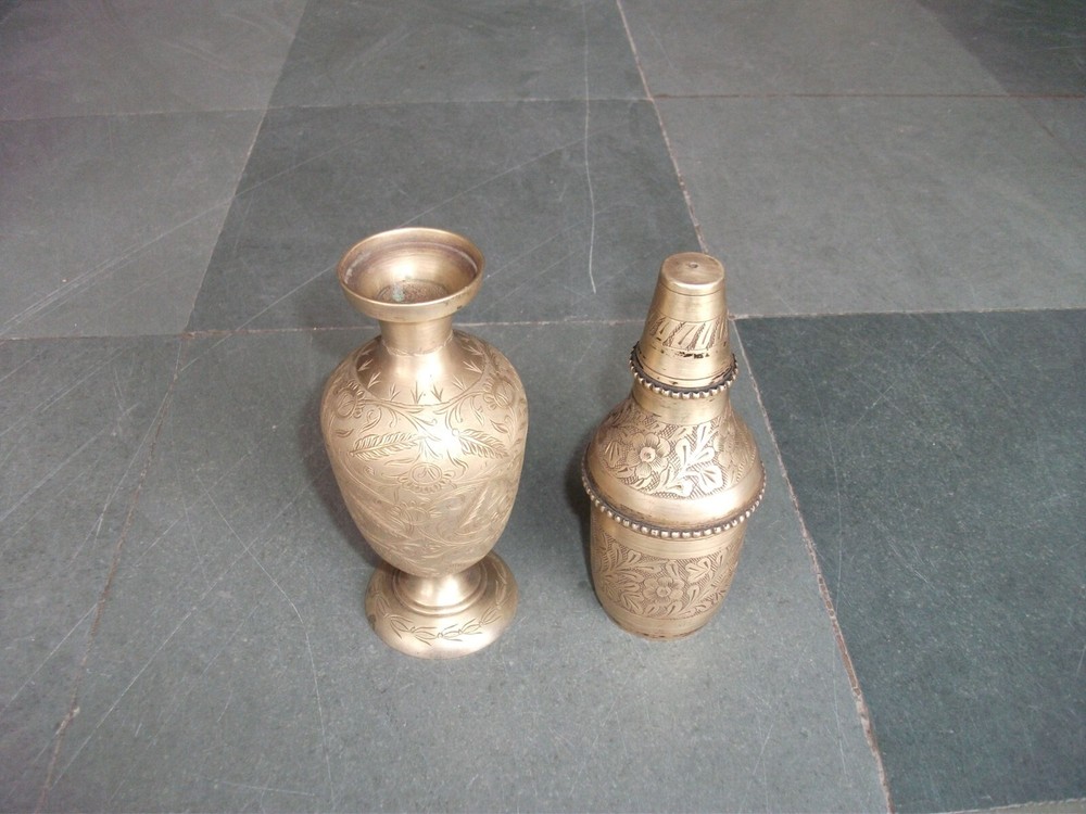 2 Pc Vintage Brass Inlay Engraved Solid Handcrafted Flower Vase & Bottle