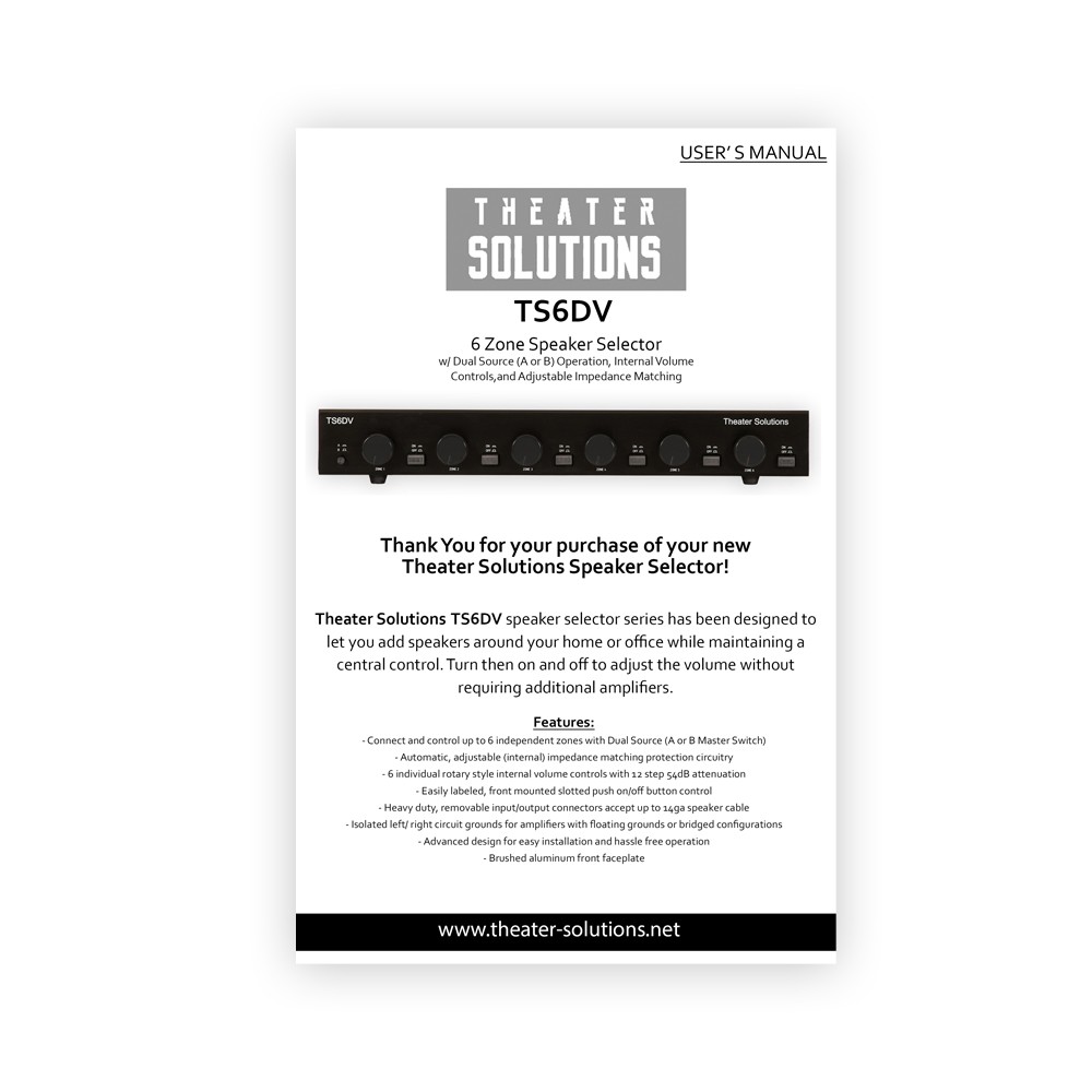 Theater Solutions TS6DV Dual Input 6 Zone Speaker Selector Box Volume Controls
