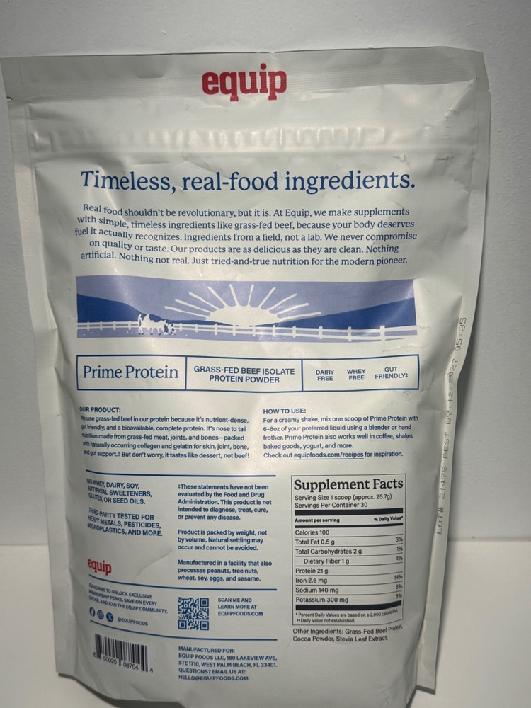 Equip Prime Protein Powder, Grass Fed Beef Isolate, Keto, Chocolate Flavored
