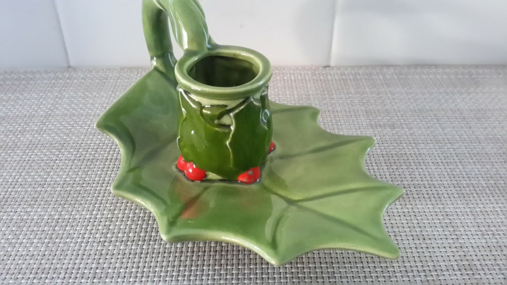Handmade Glazed Ceramic Christmas Holly Leaf Candle Holder Signed EUC