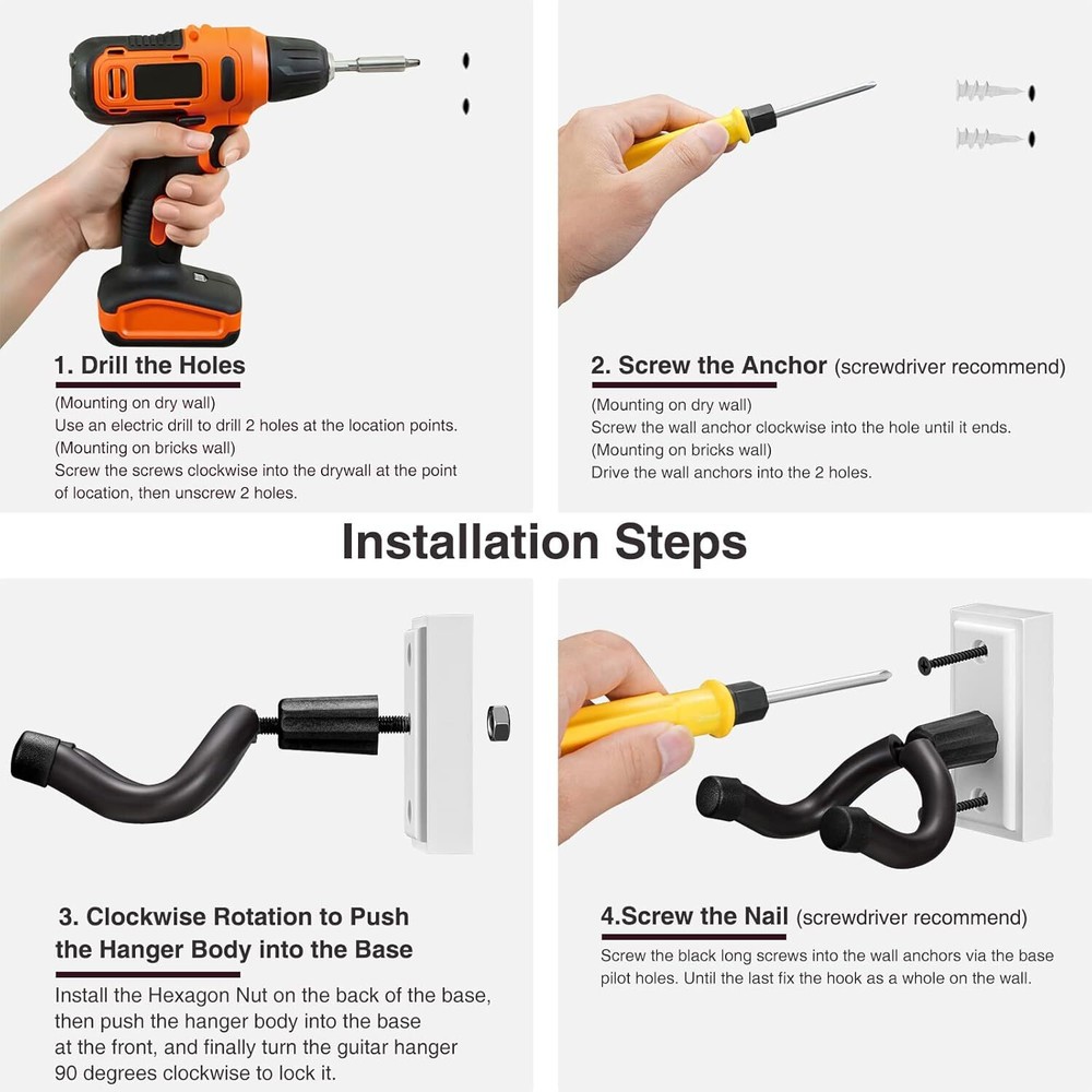 Guitar Wall Mount Hanger 2 Pack, Holder Hook Bracket White