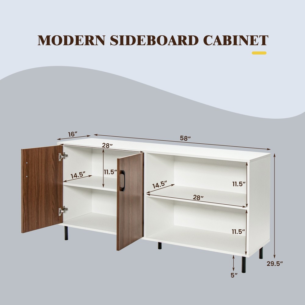 Modern Sideboard Cabinet w/ Spacious Tabletop & Multiple Shelves Walnut White