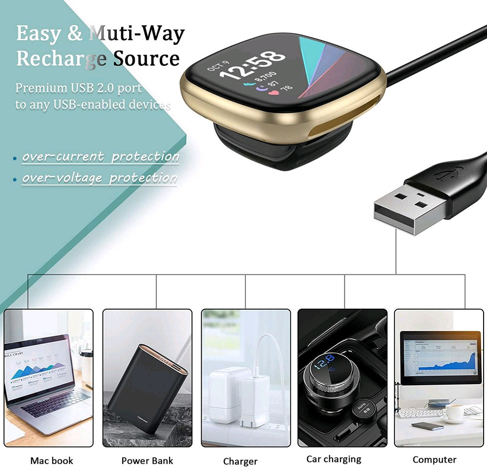 2Pcs Wireless Charger For Fitbit Sense 2 Versa 4 3 USB Charging Dock Fast Cable