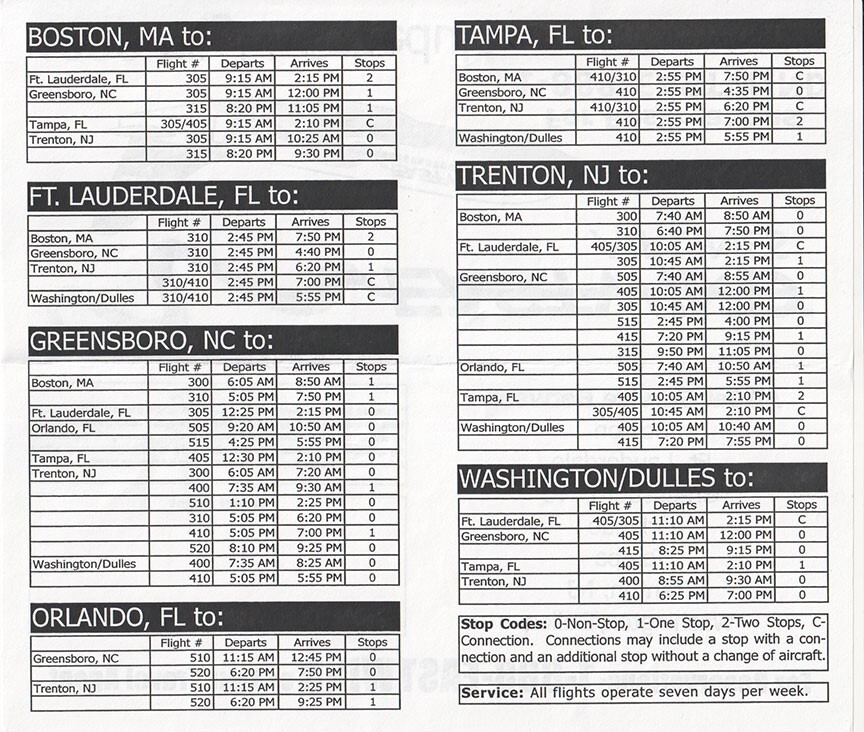 Eastwind Airlines timetable 1998/05/19