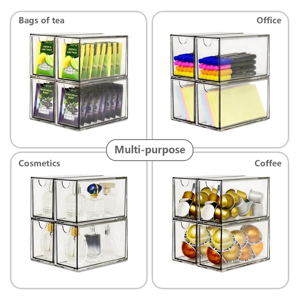 4 Pack Tea Bag Drawers Organizer, Clear Plastic Stackable Tea Organizers and ...