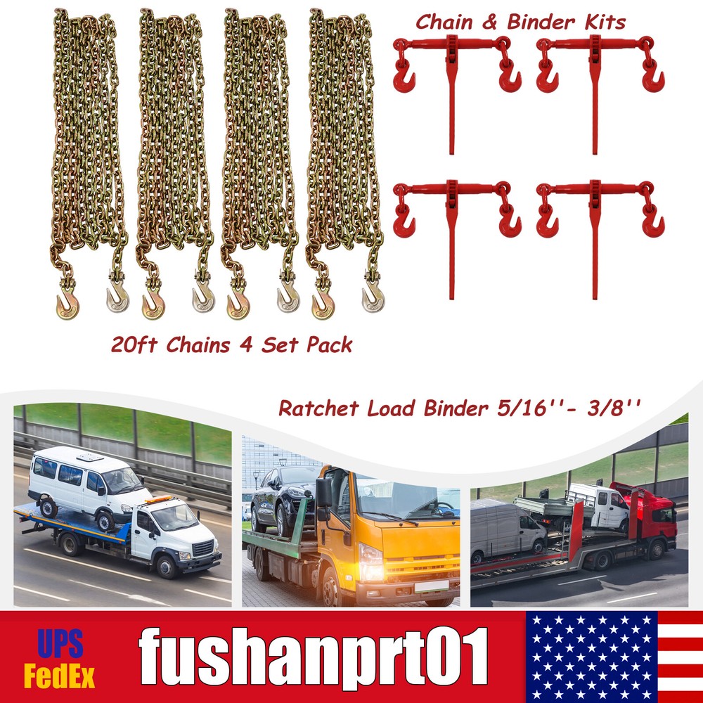 Chain and Binder Kits Ratchet Load Binder 5/16''- 3/8''+20ft Chains 4 Set Pack