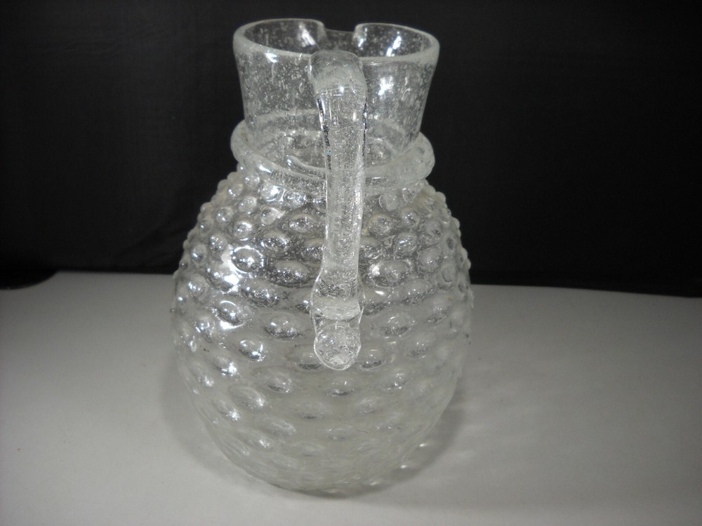 Vintage Clear Crackle Glass with Hobnail Pattern & Applied Handle Pitcher