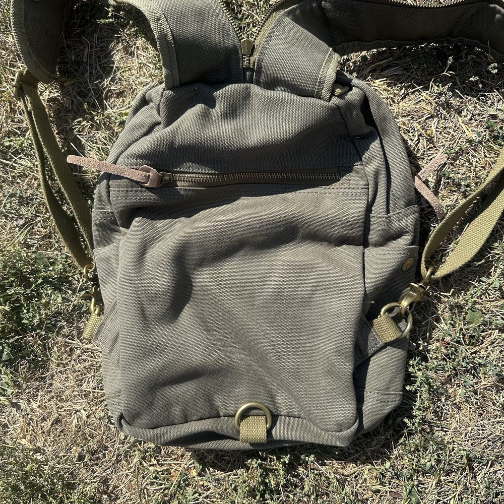 Natures Lodge Backpack, Olive Green Canvas W/Leather Pulls