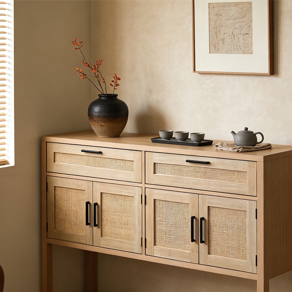 Entrance Storage Table, Sofa Table With Rattan Cabinet Doors, Ample Storage Spac