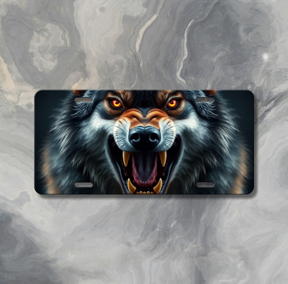 Fierce Wolf License Plate with Sharp Teeth Your Text Front Plate Special Gift