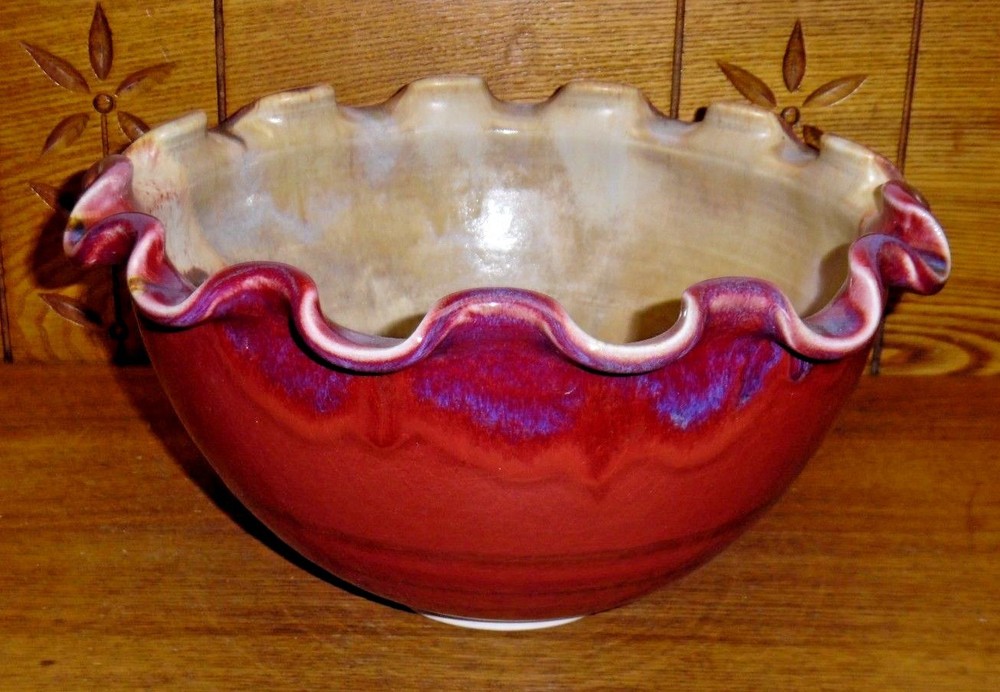 Studio Art Pottery Bowl w/ Fluted Edge - Signed - 11 1/2"