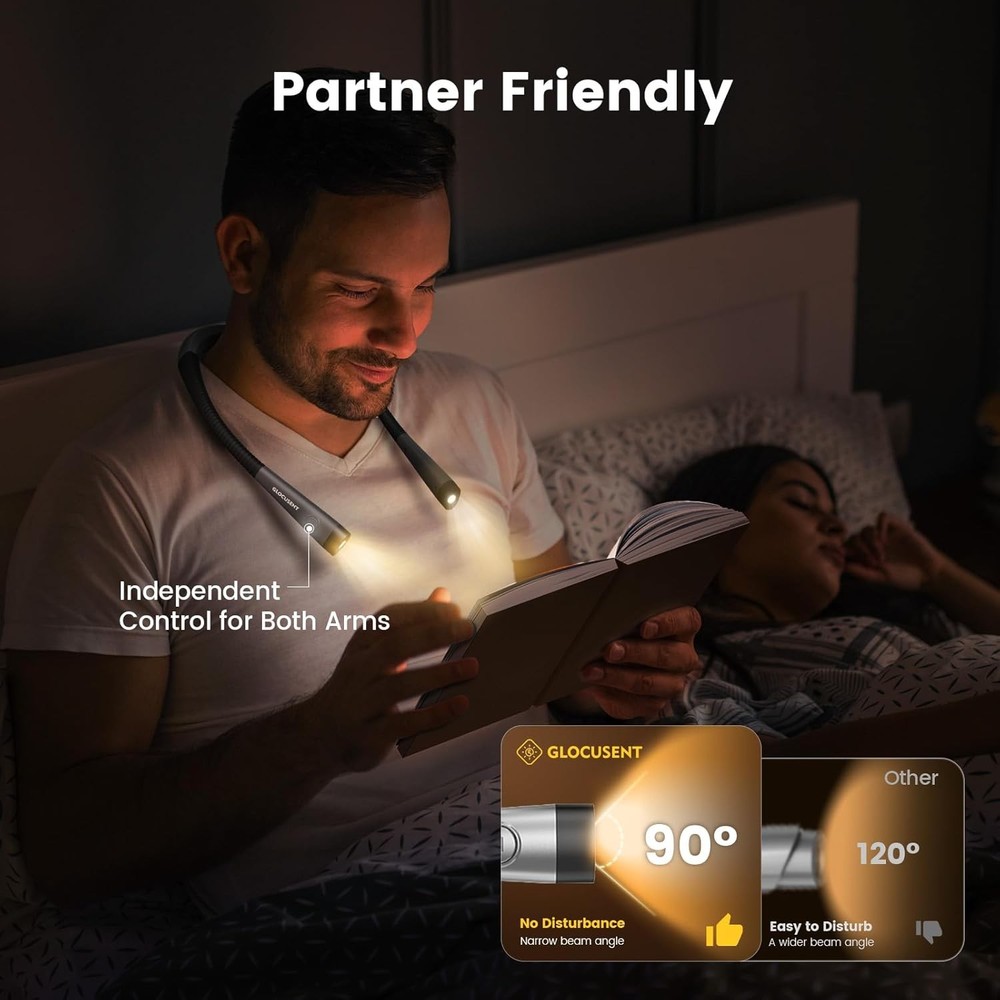 Book Light, 3-Color & 6-Brightness Reading Light, Bendable Neck Light,